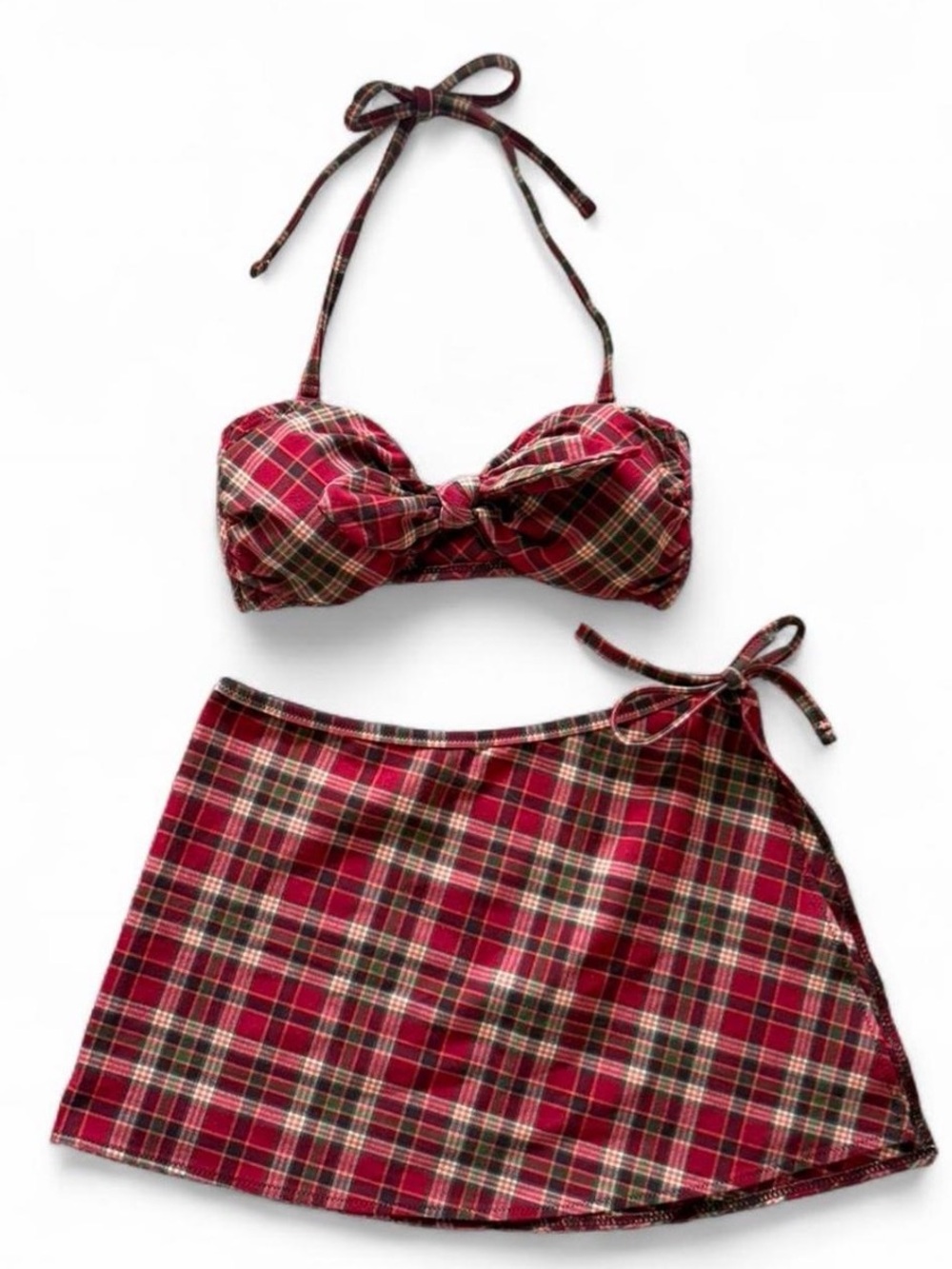 Red Plaid Bikini Top and Wrap Skirt Set